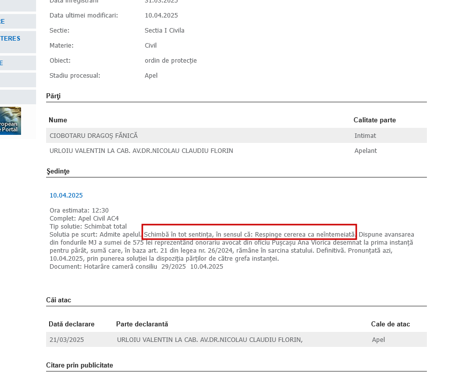 Ordin protectie Dragos Ciobotaru apel